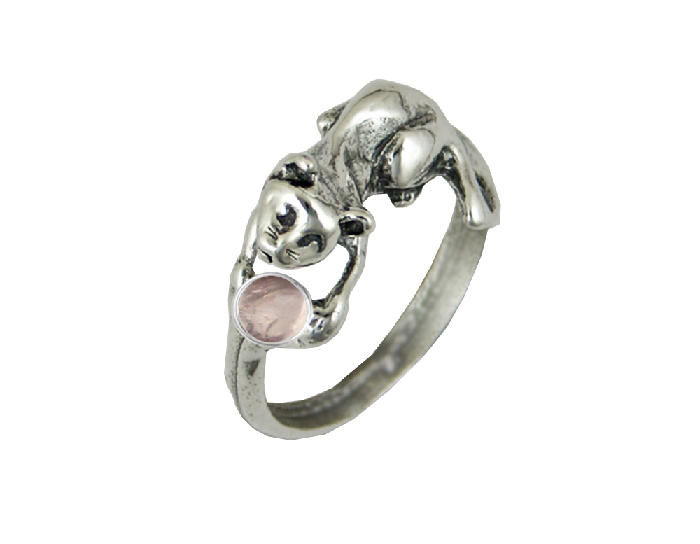 Sterling Silver Kitty Cat Ring With Rose Quartz Size 6